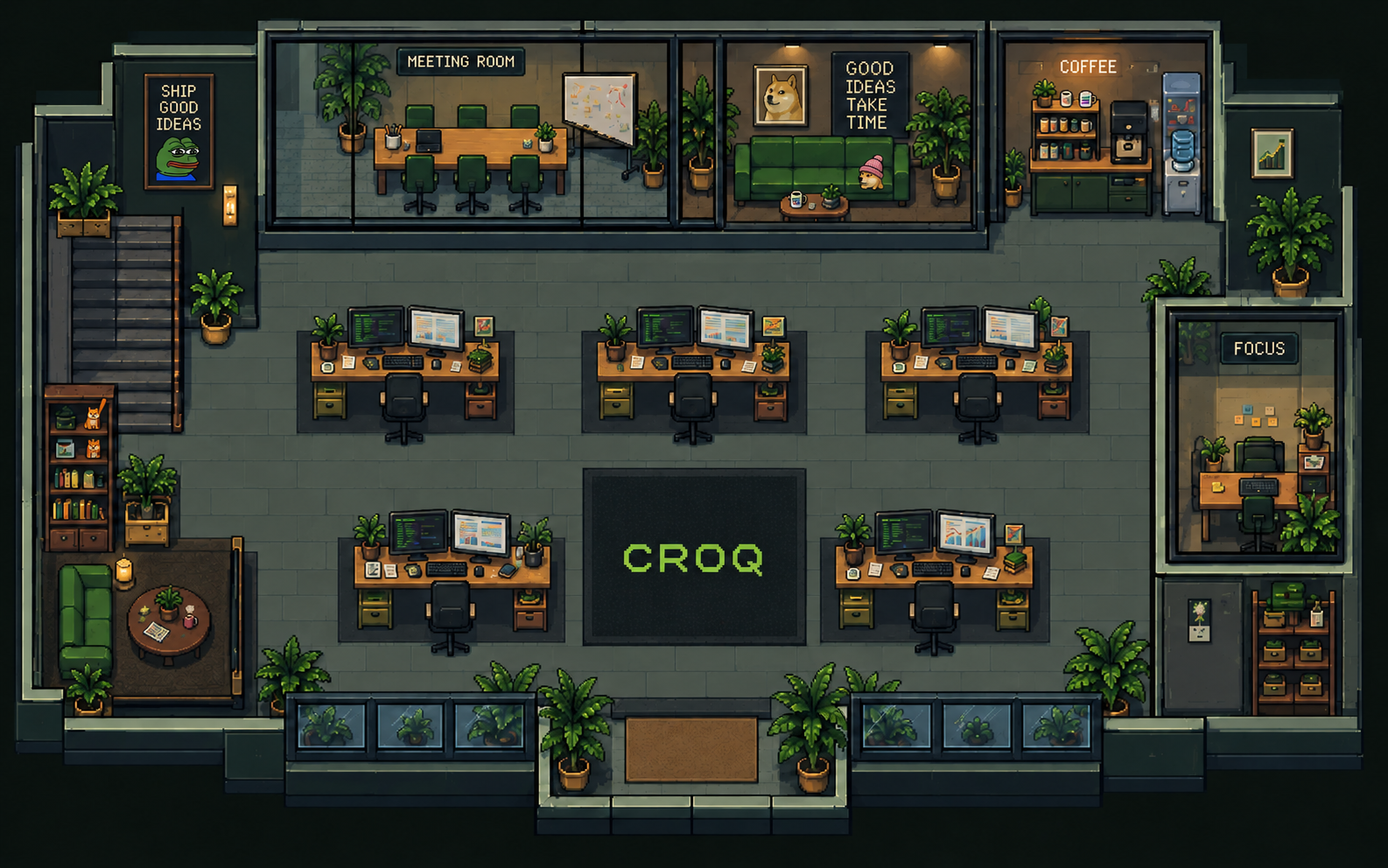 Croq pixel art studio with five workstations and hidden meme collectibles: a frog poster, Doge portrait, beanie dog, orange dog figurine and striped coffee mug